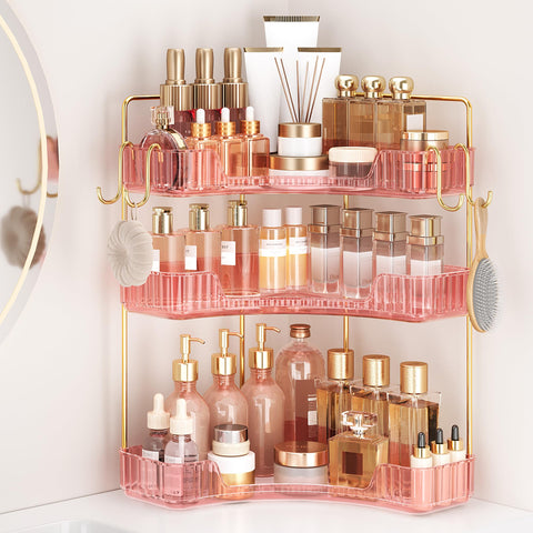Kinkota corner bathroom organizer with 3-tier pink finish for cosmetics storage.