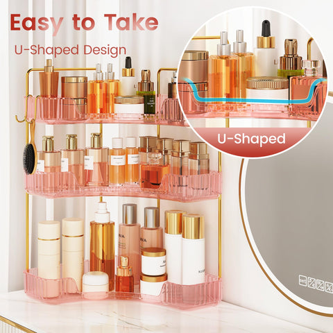 Kinkota pink corner organizer fits snugly in a bathroom corner, saving counter space.