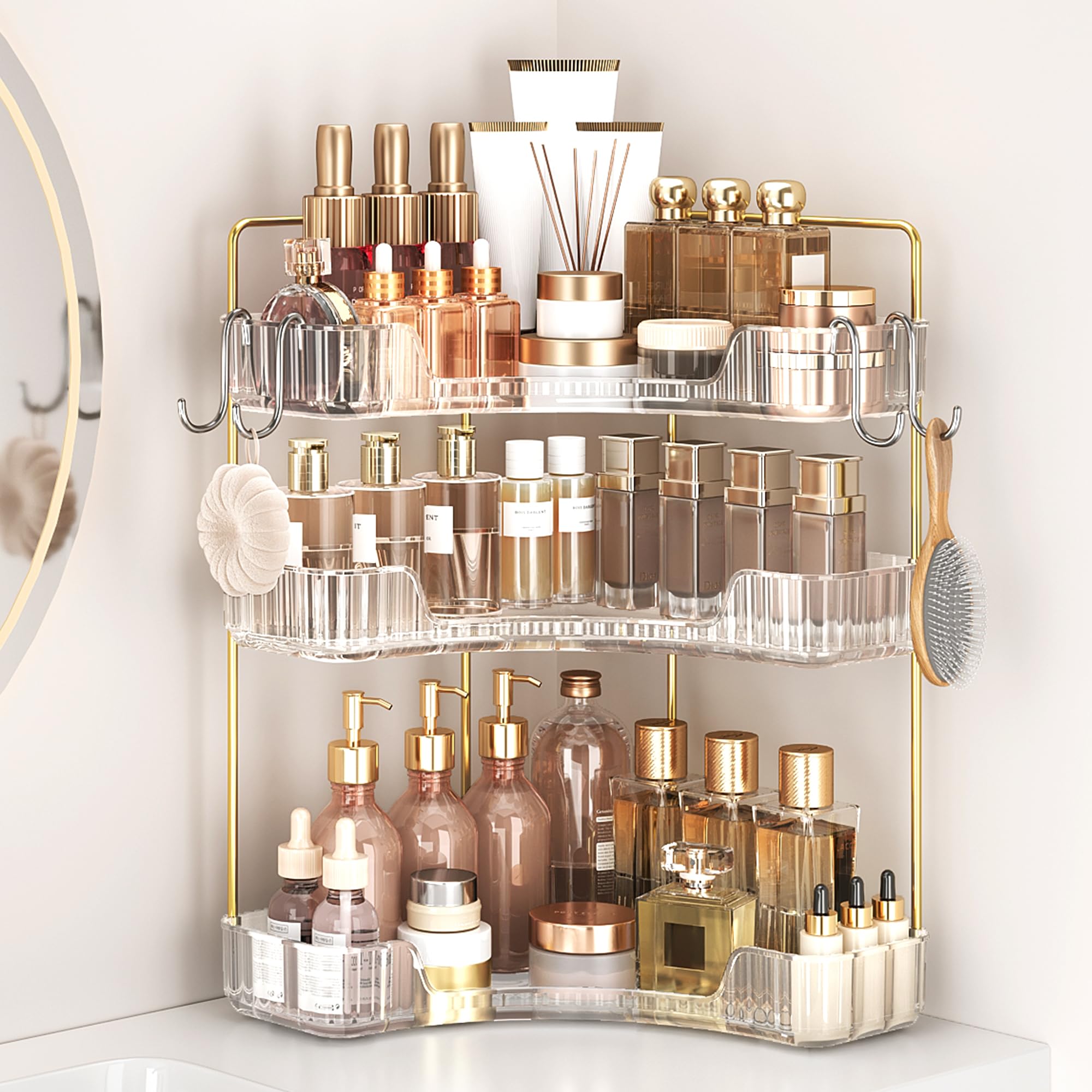 Kinkota corner bathroom organizer 3-tier neatly holds skincare and cosmetics on the counter.
