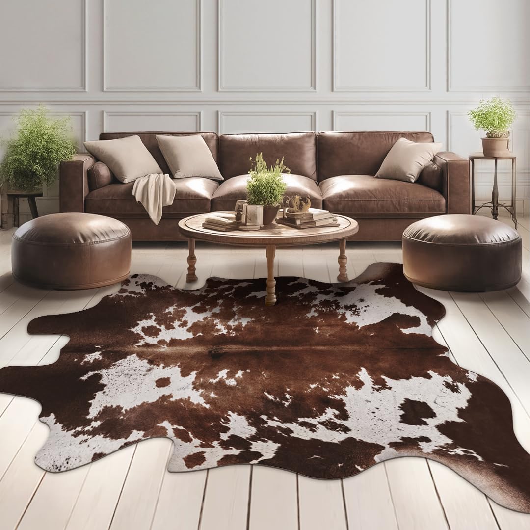 Kinogic faux cowhide rug cow print in living room adds warm Western flair