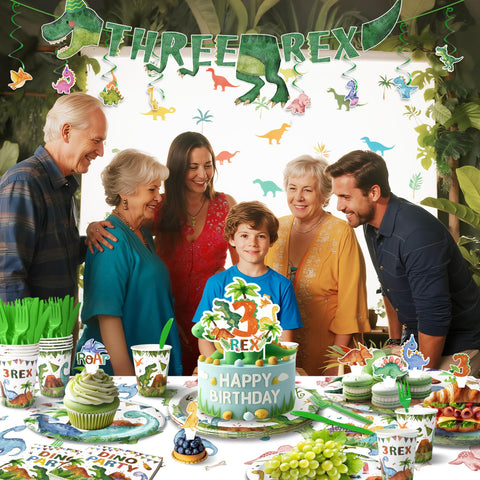 Kinovo 3-Rex latex balloons add colorful party accents.