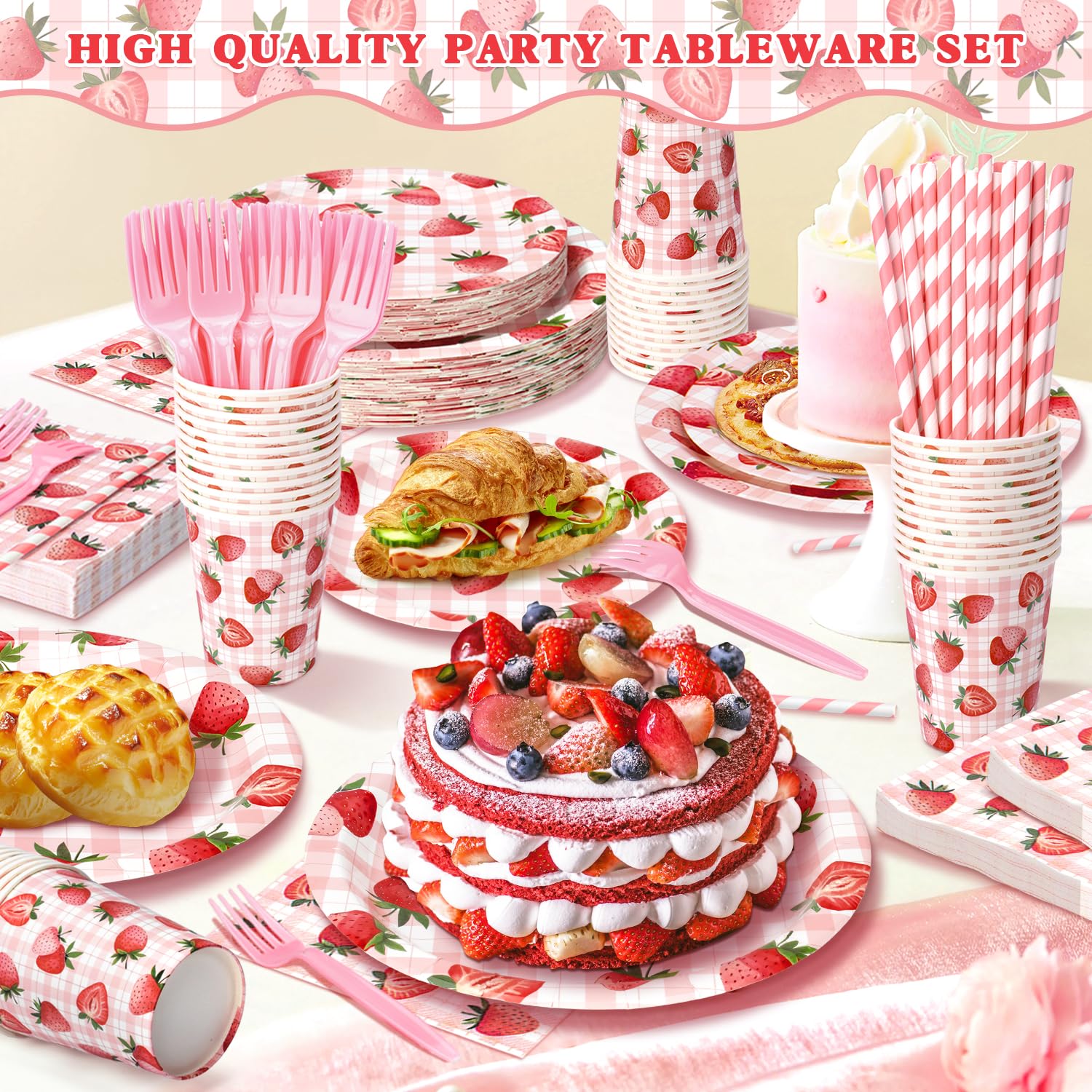 Kinovo Berry First Birthday 5.9in napkin keeps hands clean during strawberry-themed treats.