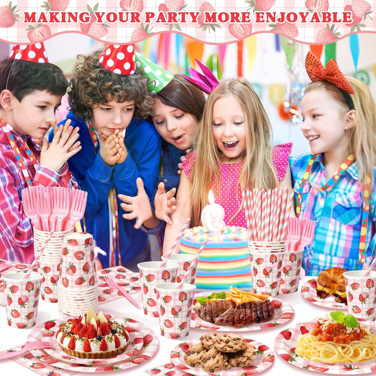 Kinovo Berry First Birthday party setup shows cohesive strawberry tableware design.