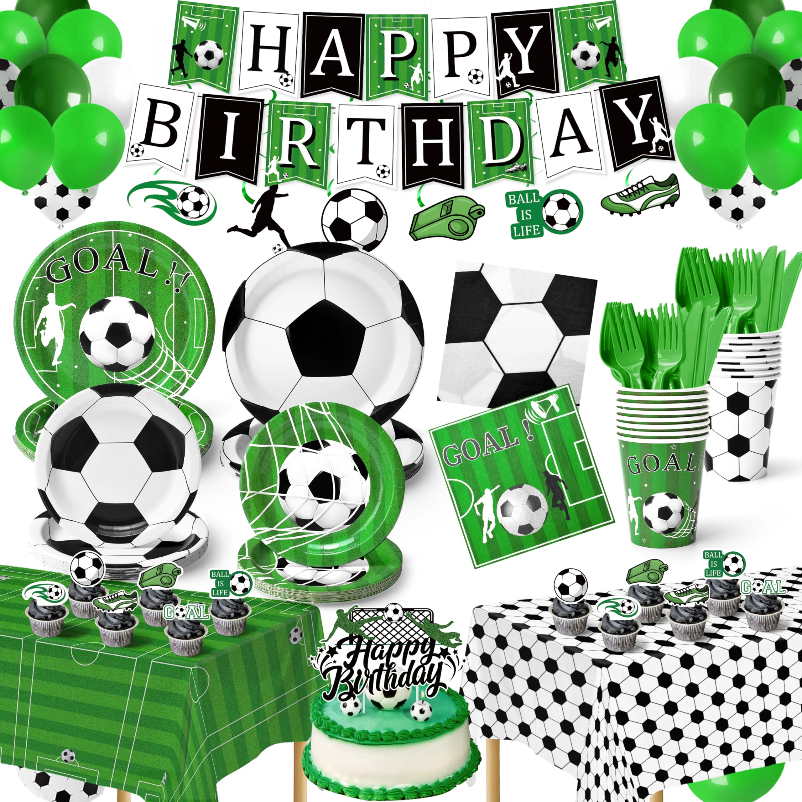 Kinovo soccer party decorations kit set up for a full celebration scene