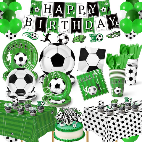 Kinovo soccer party decorations kit set up for a full celebration scene