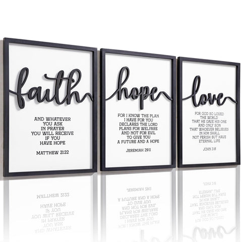 KIOSSUT 3D wood faith-hope-love wall art framed set adds depth to any room