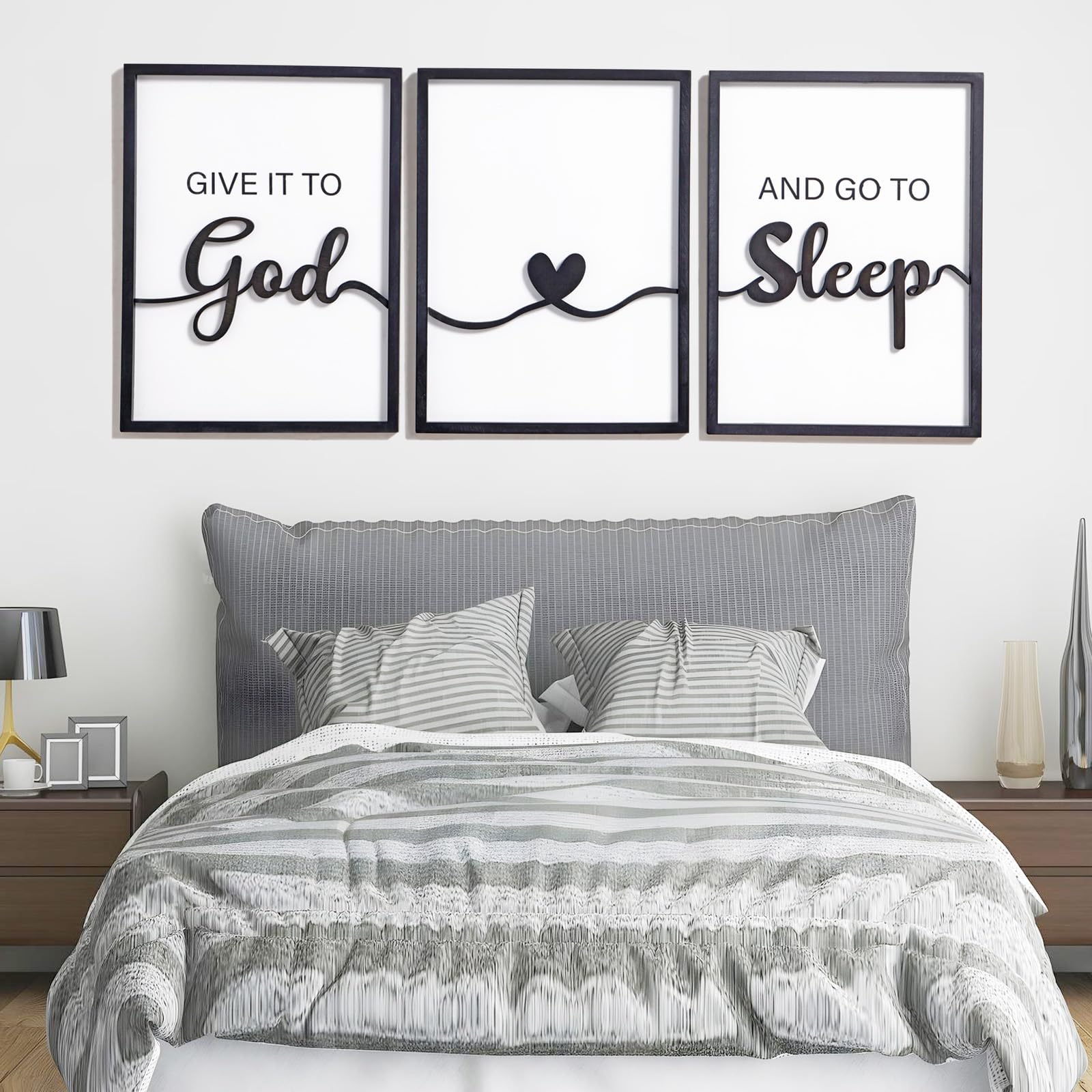 KIOSSUT 3D wood sign Bedroom wall art 3-piece set front view, ready to style