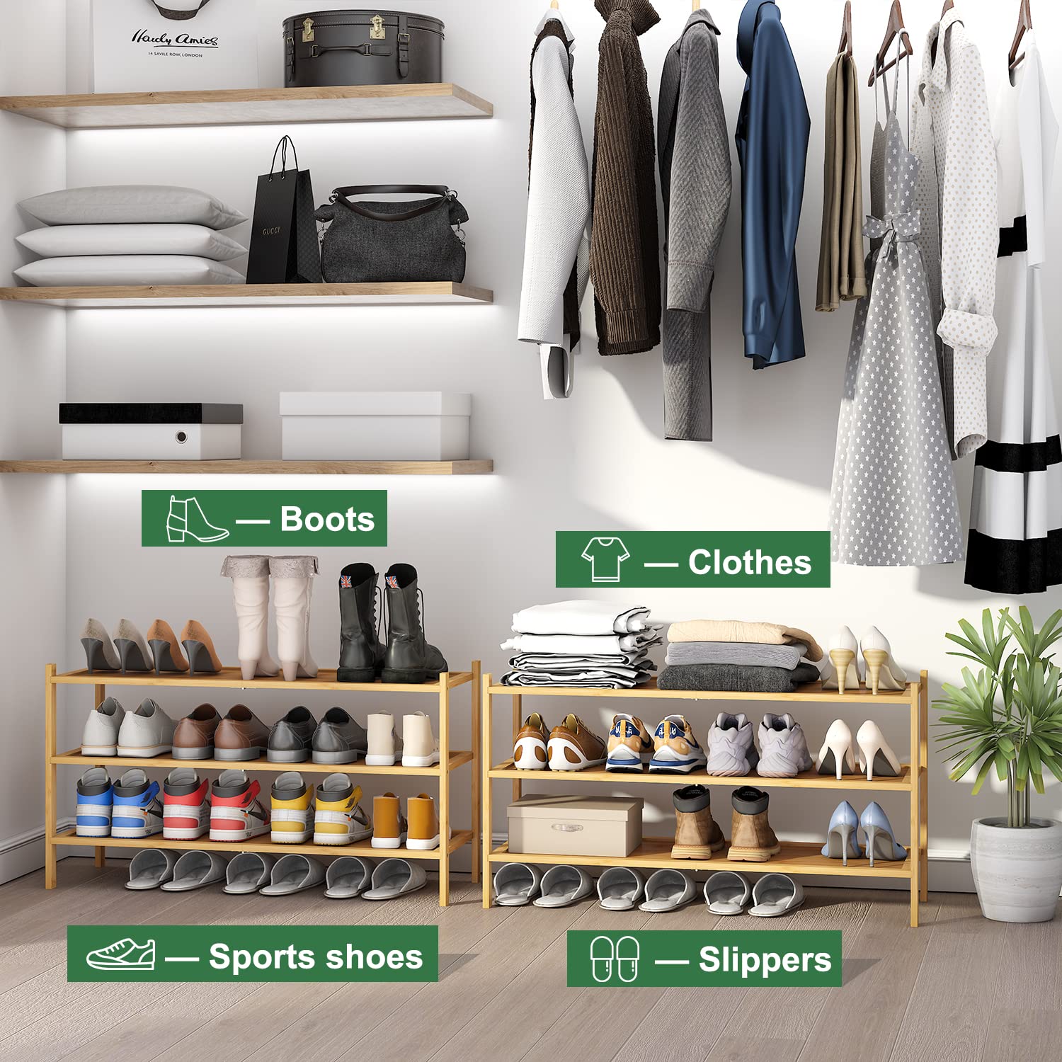 Kiplant Long Shoe Rack full-surface-display; space for bags and decor.