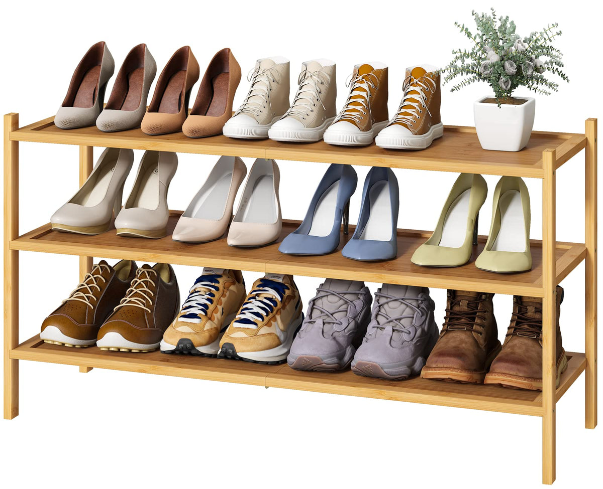 Kiplant Long Shoe Rack side view; sturdy bamboo frame with a clean, modern look.