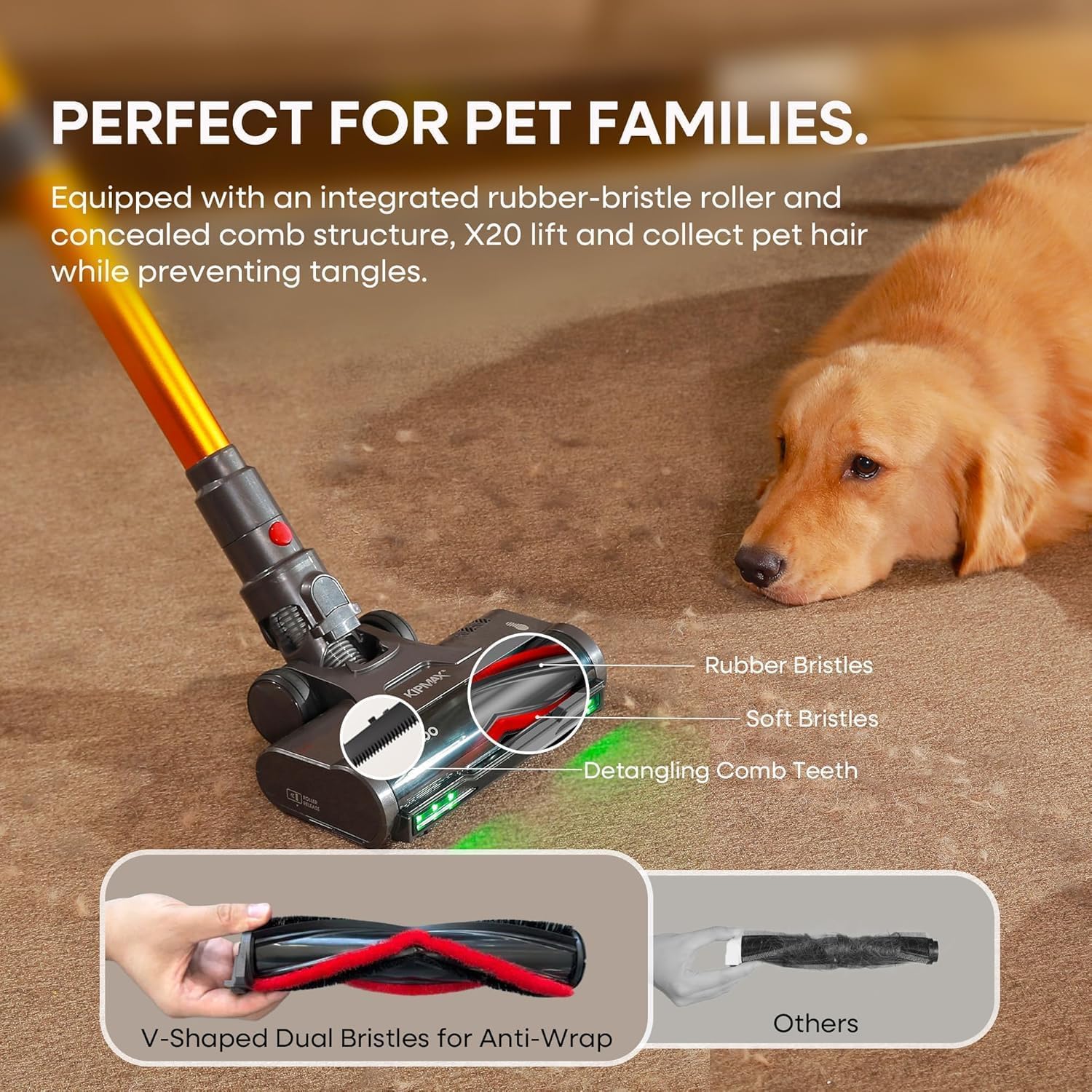 KIPMAX flatTurbo anti-tangle brushroll handling hair and pet fluff on carpet.