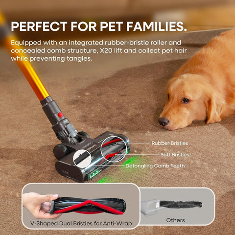 KIPMAX flatTurbo anti-tangle brushroll handling hair and pet fluff on carpet.