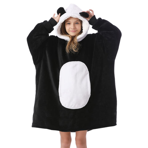 Kipswiza Panda hoodie blanket for kids in sherpa, cozy warmth during chilly evenings.
