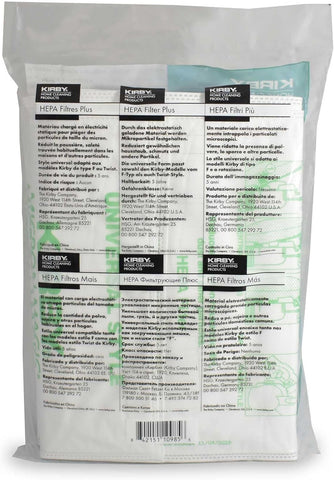 Kirby Micron Magic HEPA bag close-up showing multi-layer filtration for cleaner air.