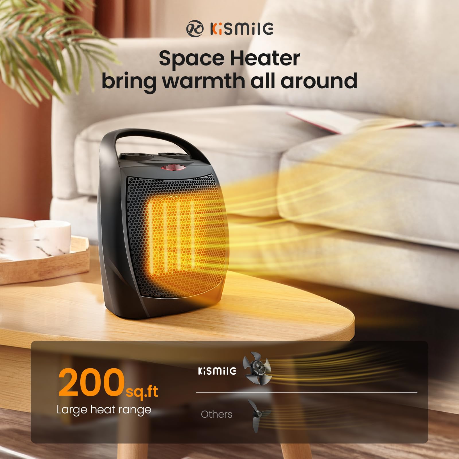 Kismile compact heater under desk use demonstrates space-saving dimensions.