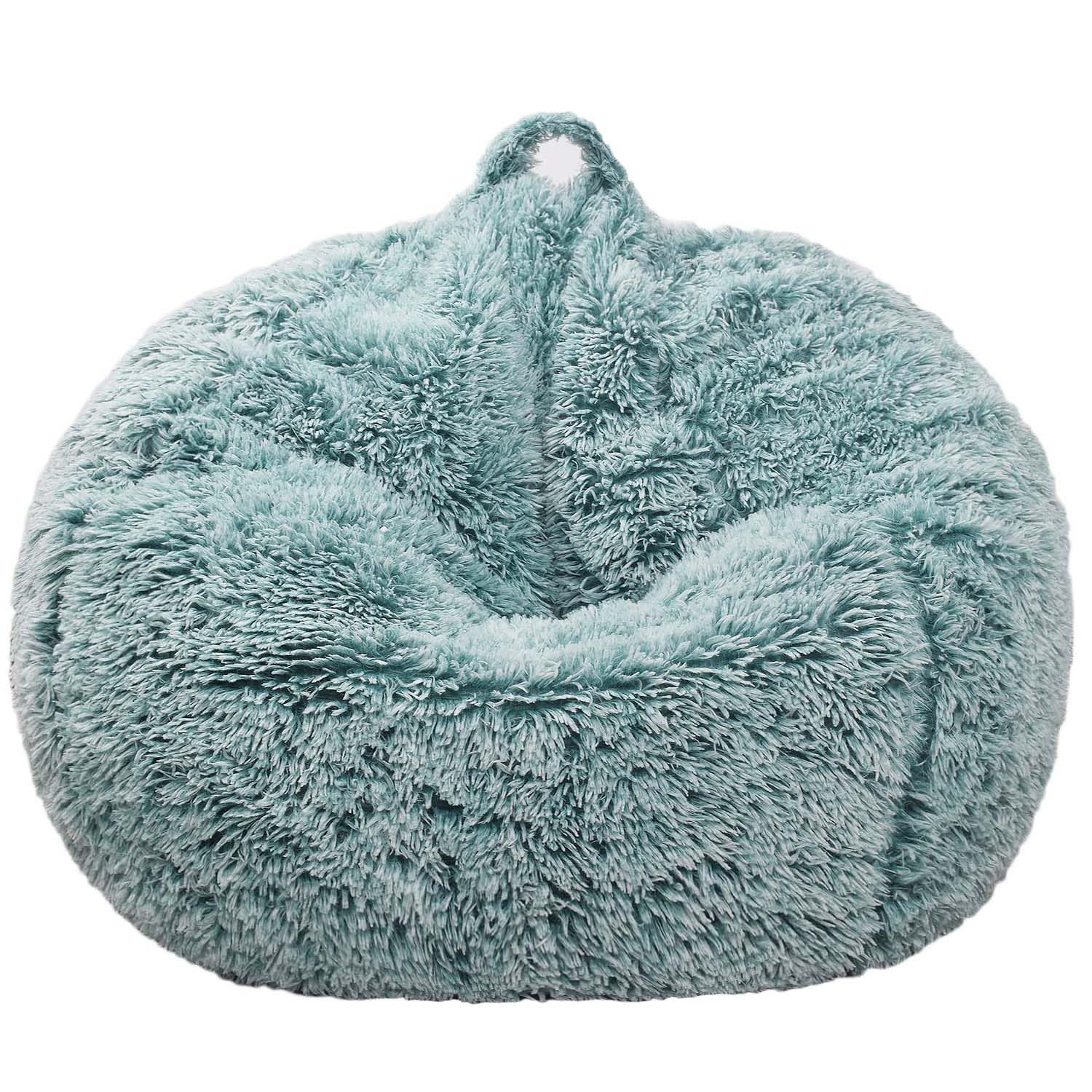 Kisoy dark green faux fur bean bag cover demonstrating plush toy organization in a cozy setup.