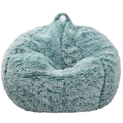 Kisoy dark green faux fur bean bag cover demonstrating plush toy organization in a cozy setup.