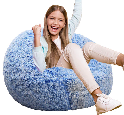 Kisoy Fluffy Bean Bag Chair blue, side view, cozy seating for kids and teens.