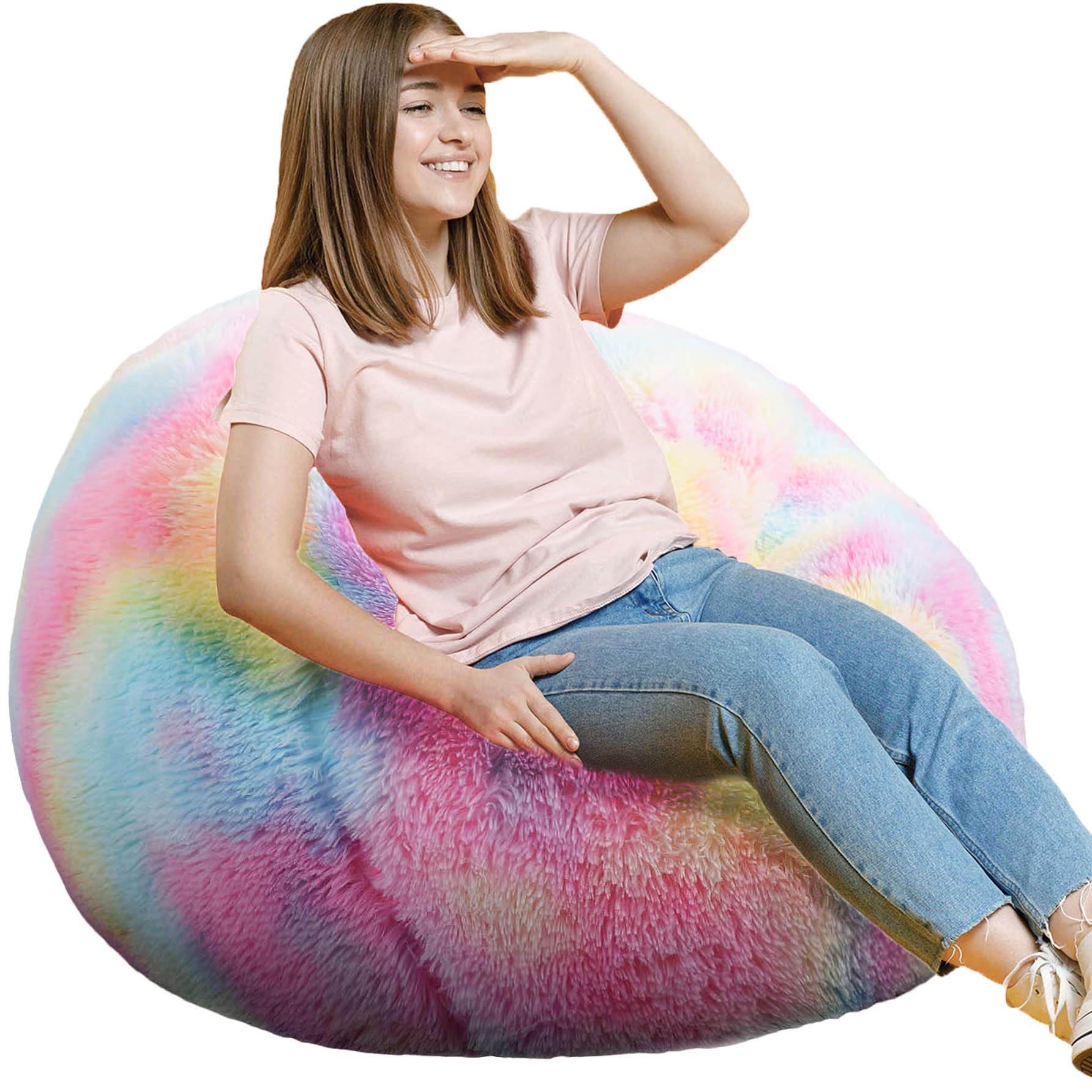 Kisoy Fluffy Bean Bag Chair front view shows plush faux fur and comfy seating for kids