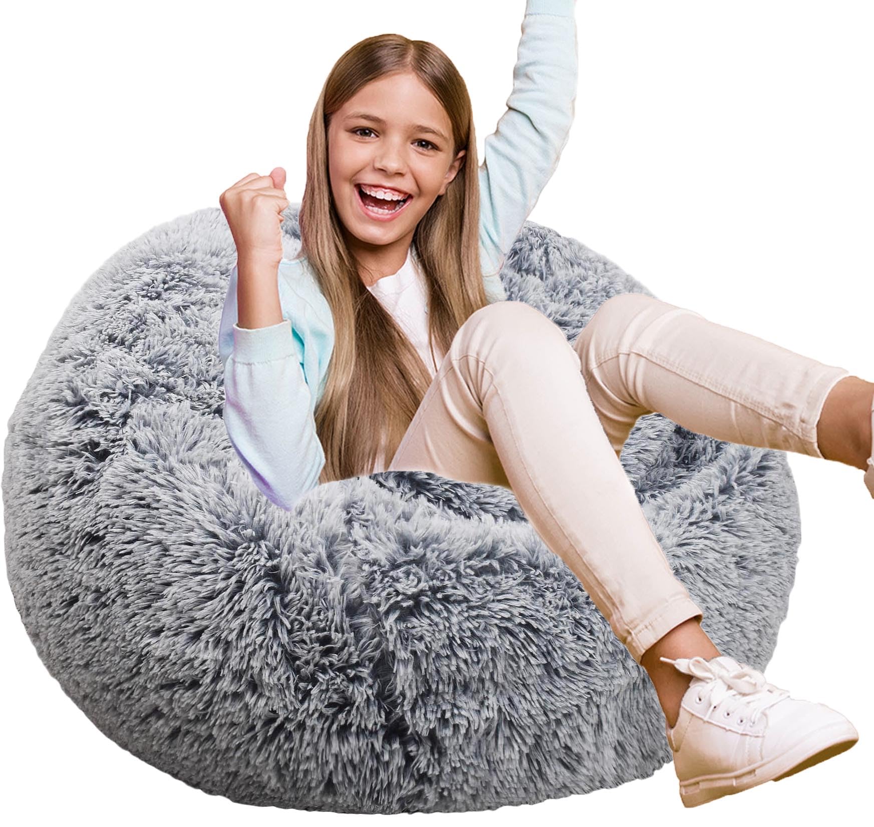 Kisoy fluffy bean bag chair gray side view, cozy seating for kids during playtime and reading