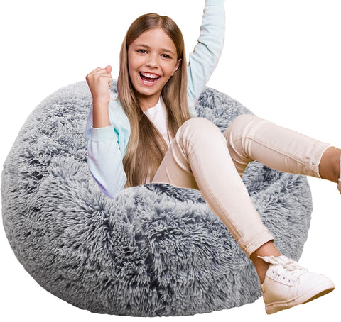 Kisoy fluffy bean bag chair gray side view, cozy seating for kids during playtime and reading