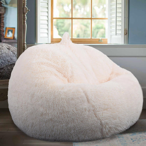 Kisoy fluffy stuffed animal storage bean bag cover beige front view, plush toy organizer