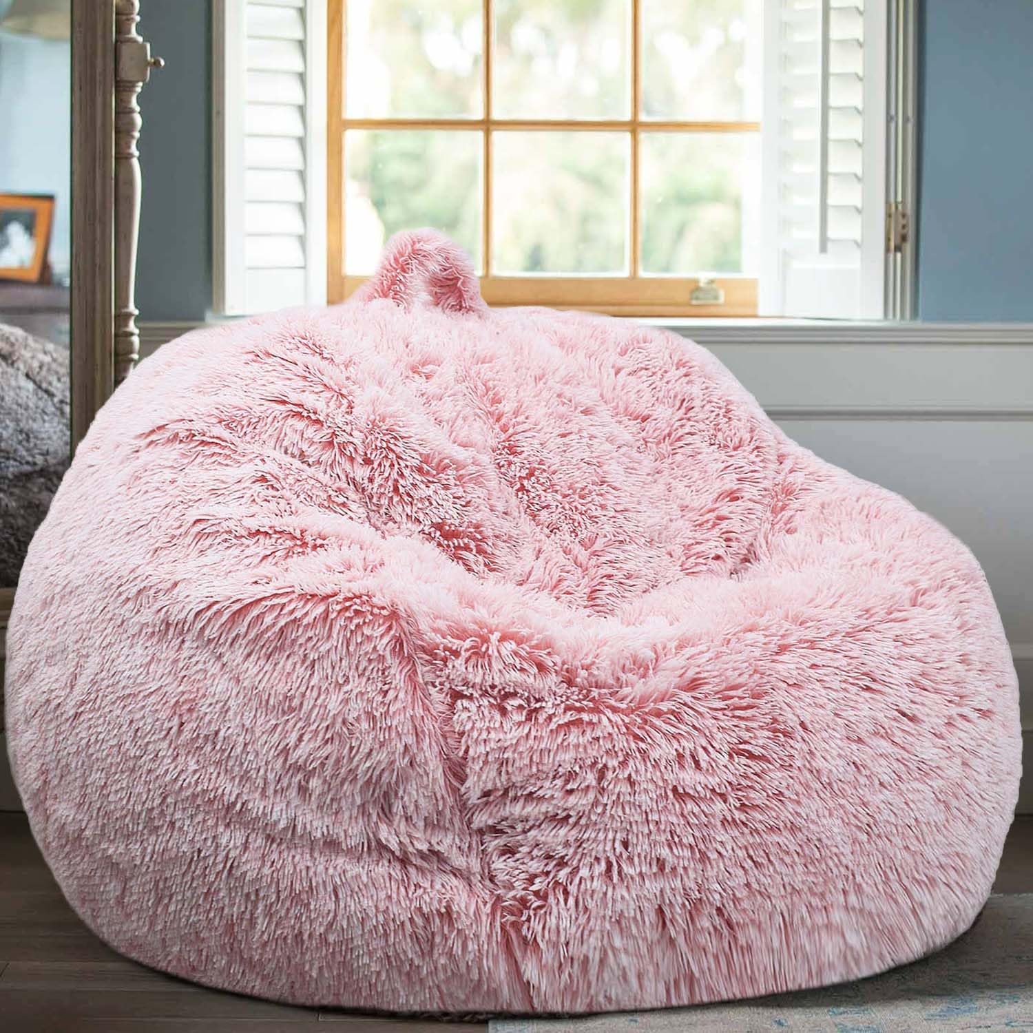 Kisoy fluffy stuffed animal storage bean bag cover in dusty pink, ideal for toy organization