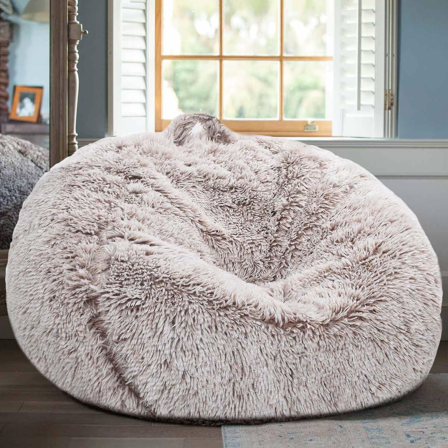 Kisoy fluffy storage cover in Heather Camel keeps plush toys organized.