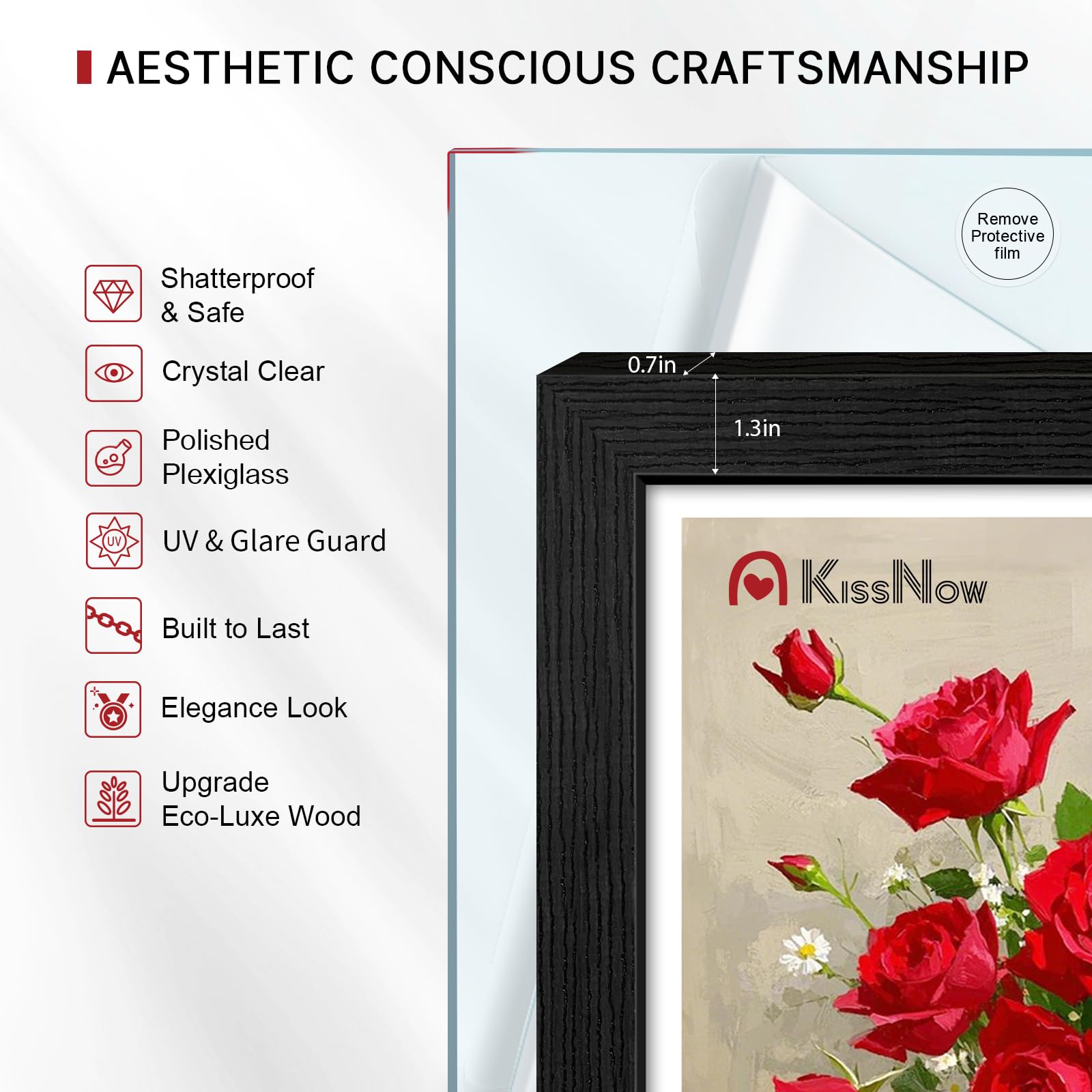KissNow 8x10 frame shows a 7.5x9.5 viewing area after framing for crisp photos.