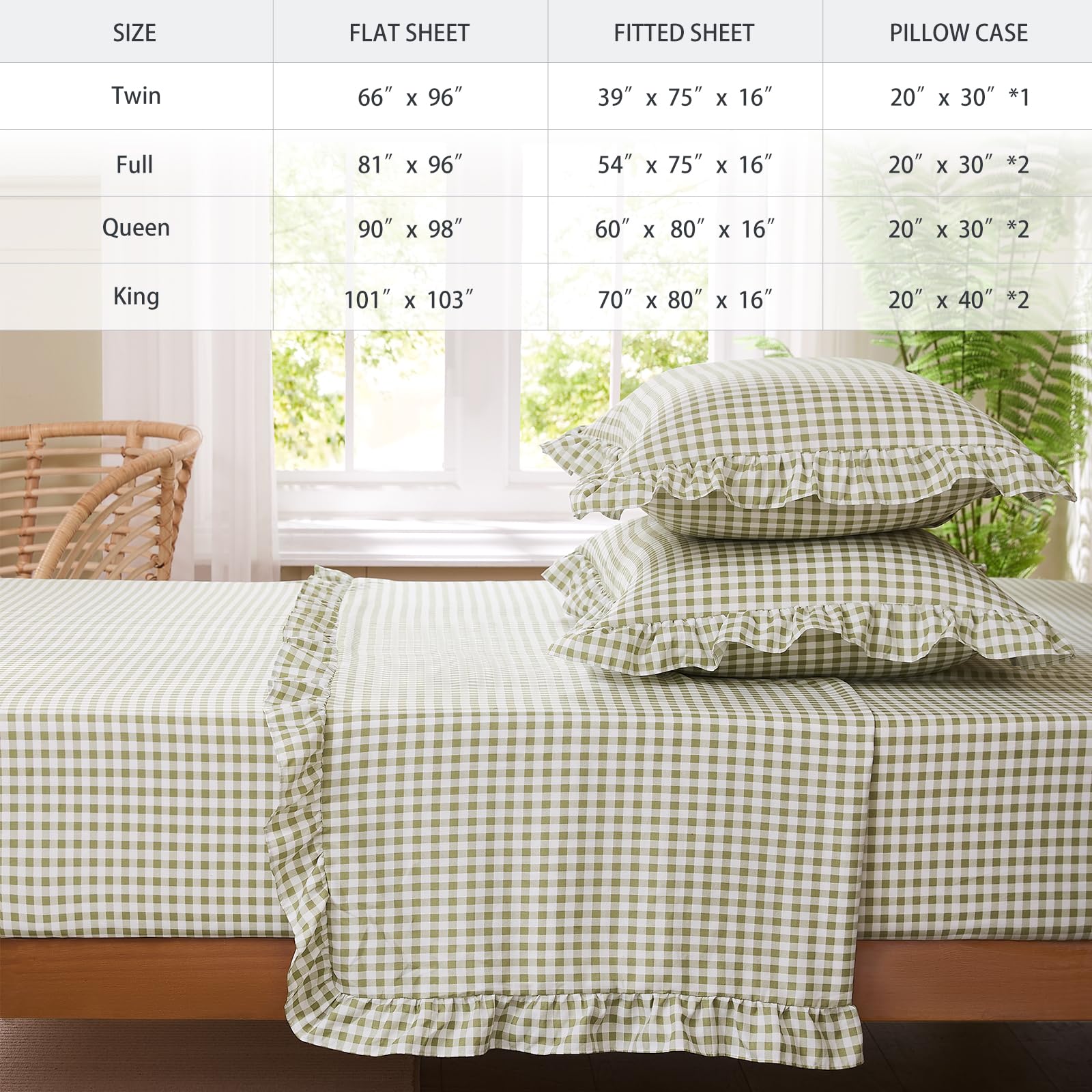 kisswish Gingham Full Sheet Set Sage Green bedroom detail highlights ruffled charm.