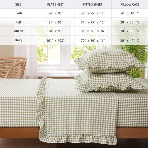 kisswish Gingham Full Sheet Set Sage Green bedroom detail highlights ruffled charm.