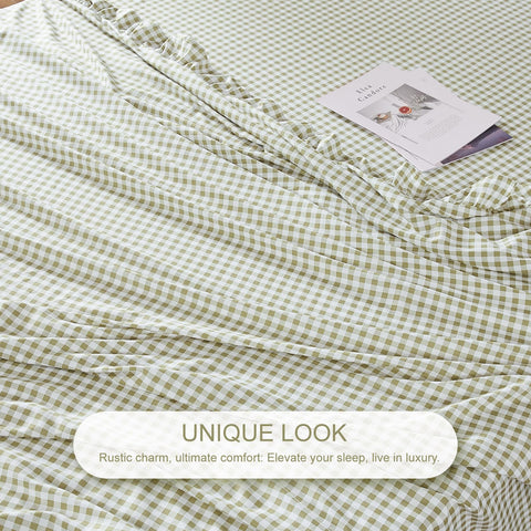 kisswish Gingham Full Sheet Set Sage Green breathable fabric supports year-round comfort.