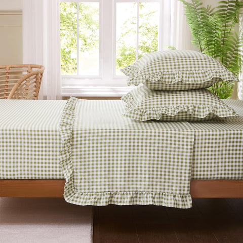 kisswish Gingham Full Sheet Set Sage Green fitted pocket showcases secure fit up to 16 inches.