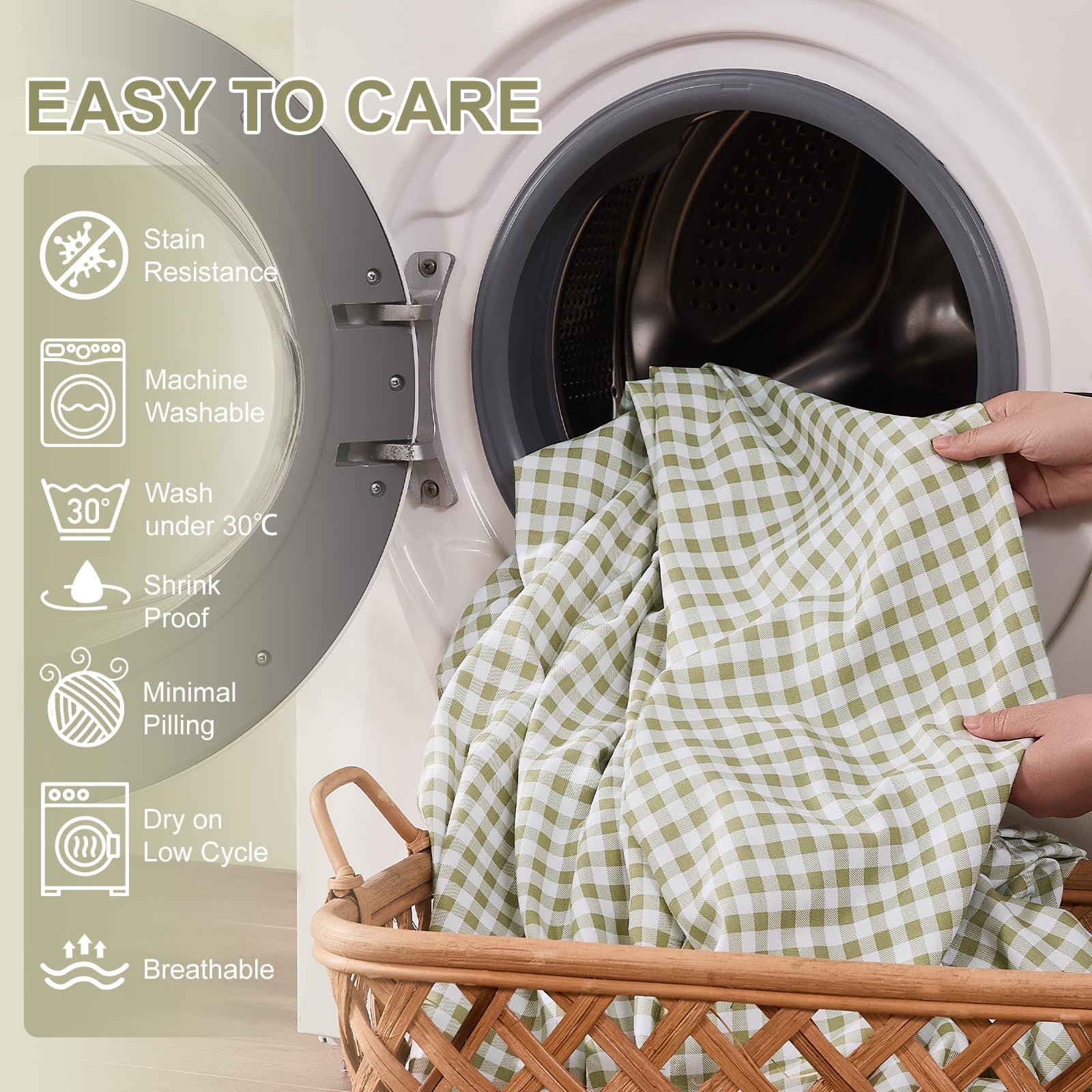 kisswish Gingham Full Sheet Set Sage Green machine-washable care for easy upkeep.