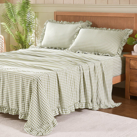 kisswish gingham queen sheet set with ruffle close-up for farmhouse charm