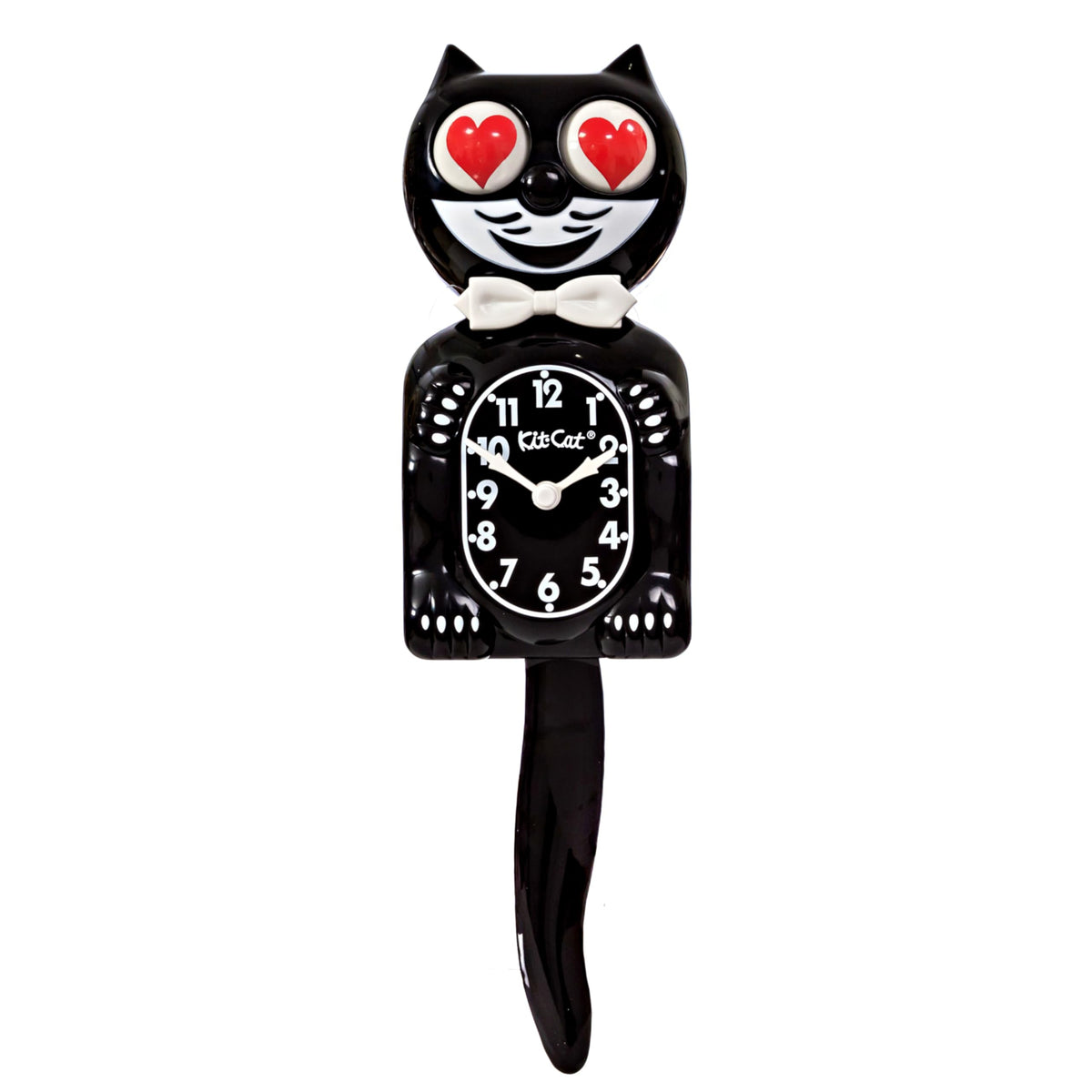 Kit Cat Klock Classic Black with heart eyes adds playful retro charm.