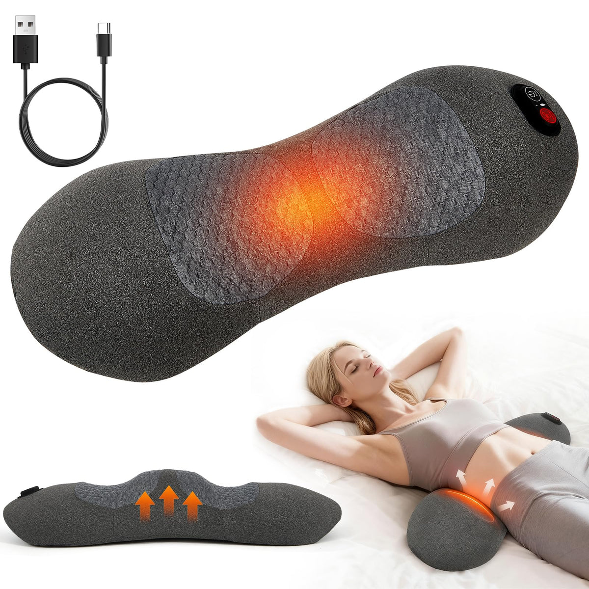 KITCADA lumbar pillow with rechargeable battery for cordless use.