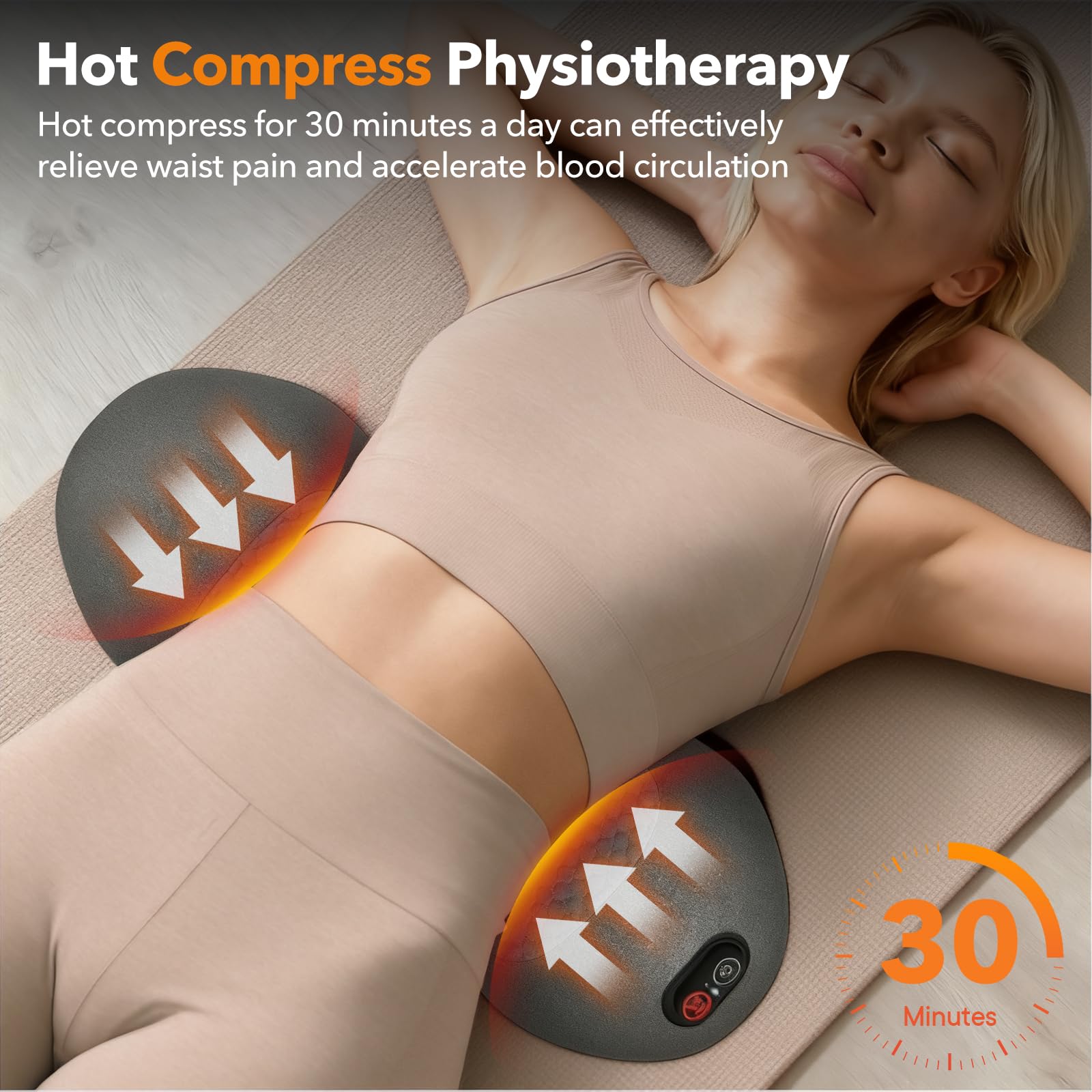 KITCADA lumbar pillow displaying heat and airbag massage for comfort.