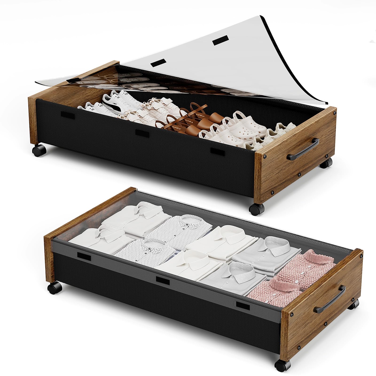 KITHELP wooden under-bed storage with wheels keeps clothes organized under the bed