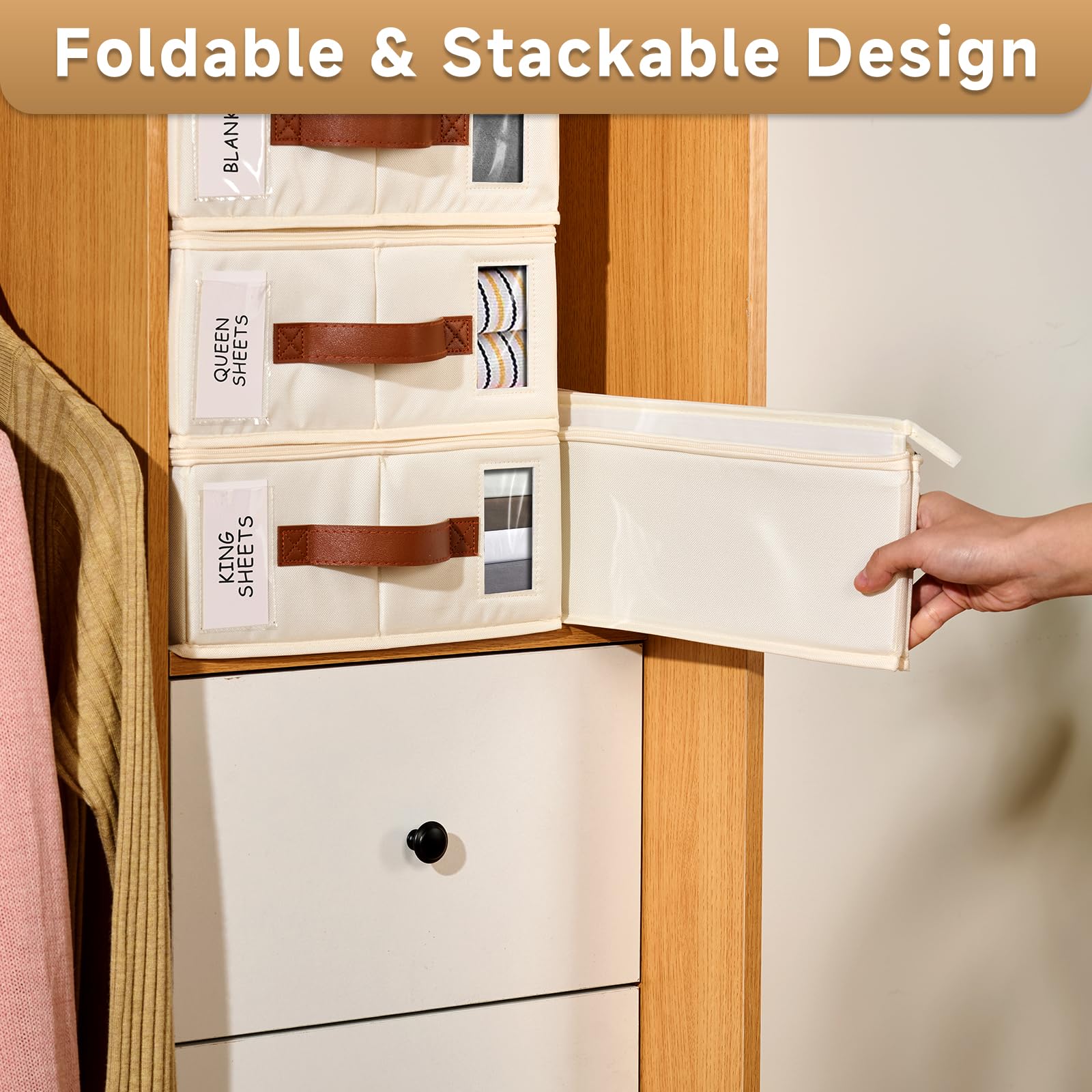 KitHero bed sheet organizer features reinforced leather handles for easy carrying.