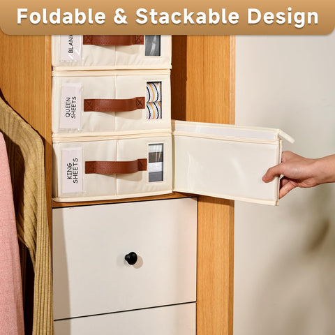 KitHero bed sheet organizer features reinforced leather handles for easy carrying.