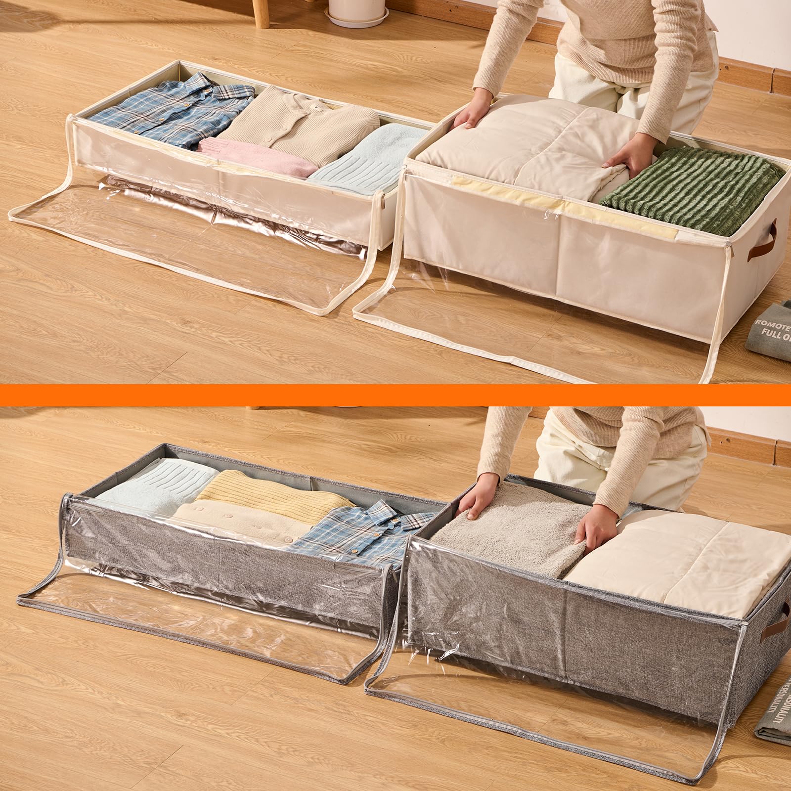 KitHero under-bed storage with wheels displayed under a bed to show compact dimensions.
