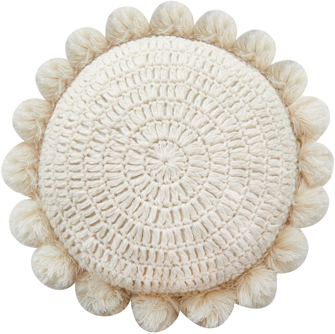 kitletsuit boho round pillow with handmade pom poms adds cozy texture to sofas.