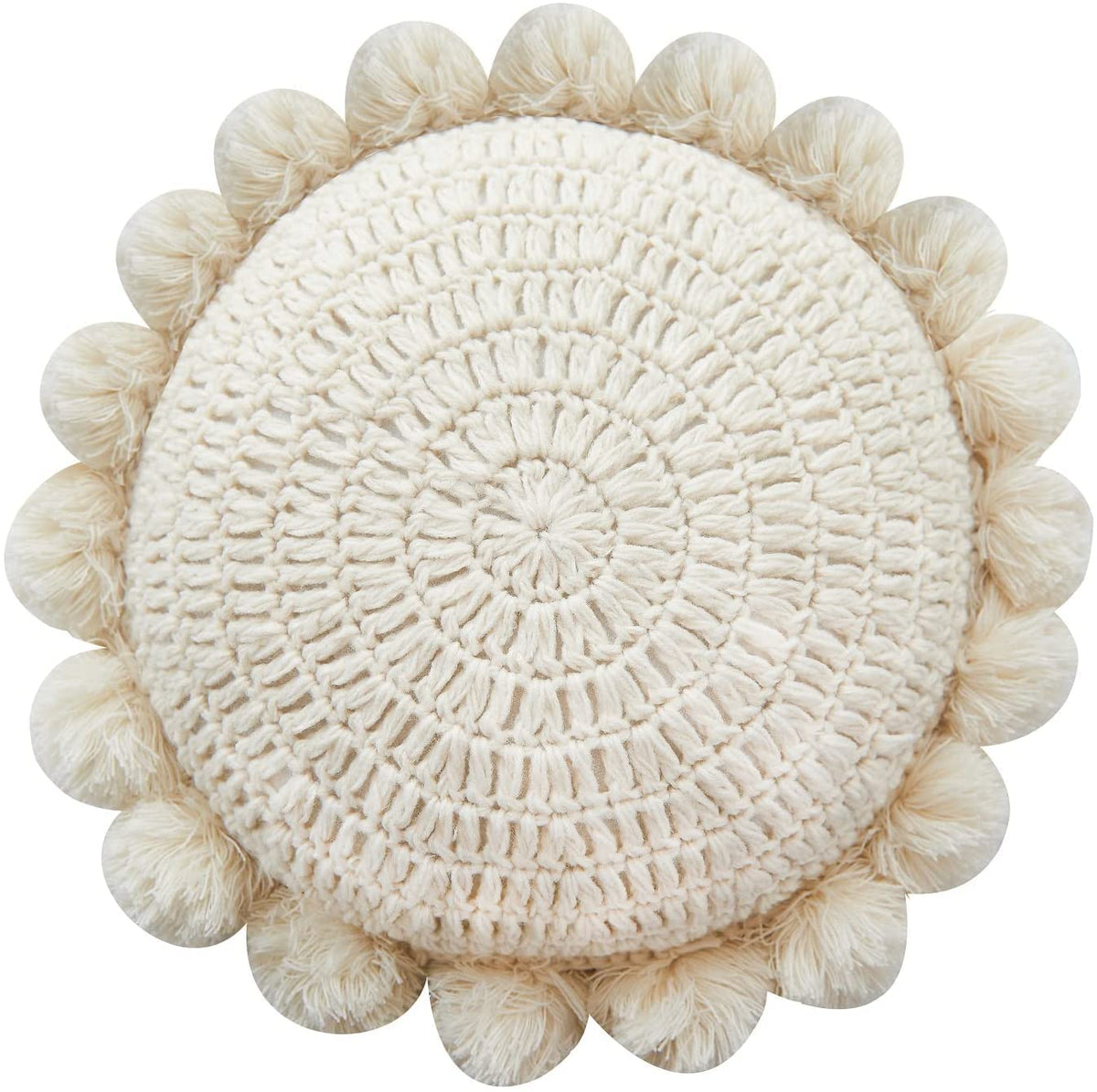 kitletsuit boho round pillow with handmade pom poms adds cozy texture to sofas.