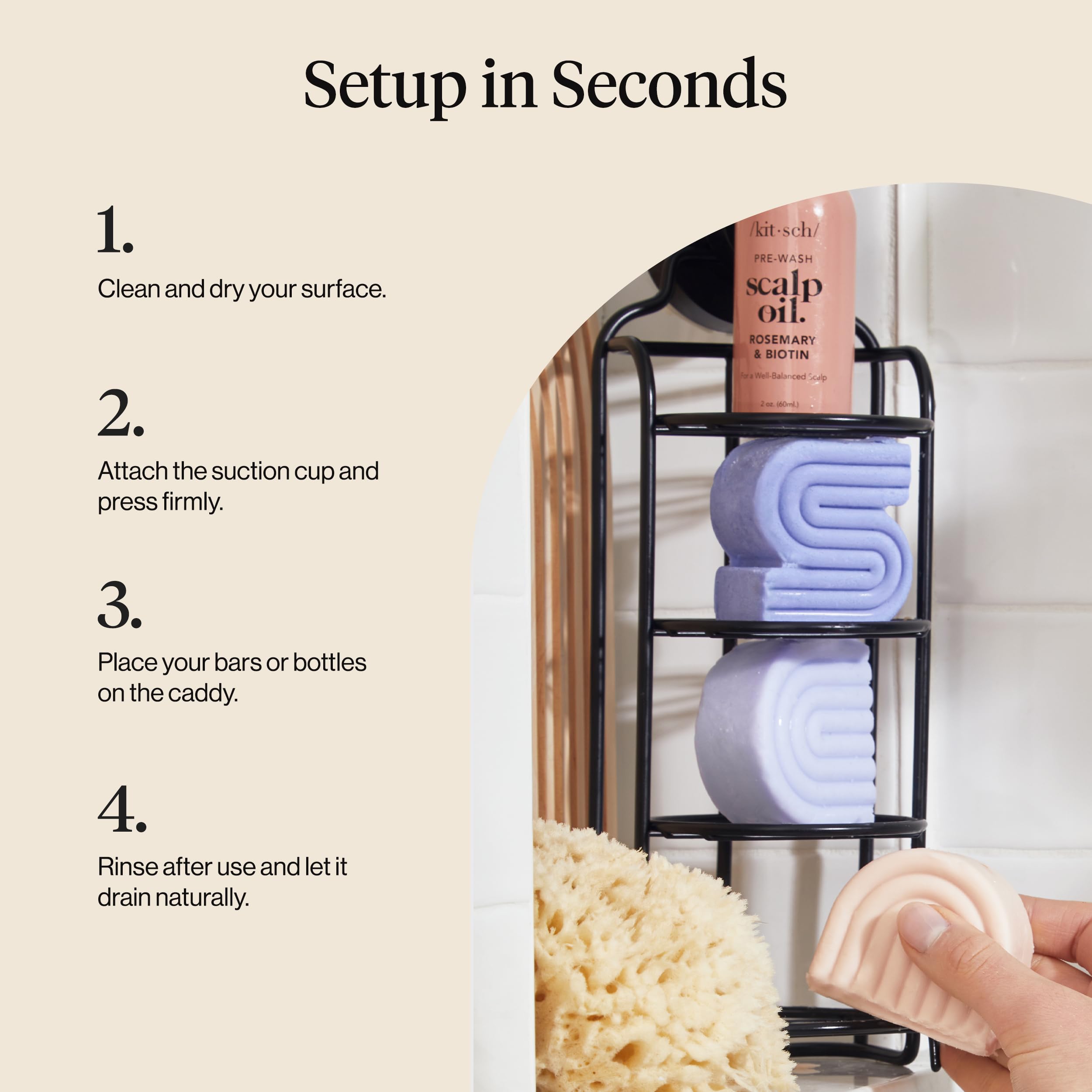 Kitsch compact shower shelf fits small bathrooms and tight spaces.