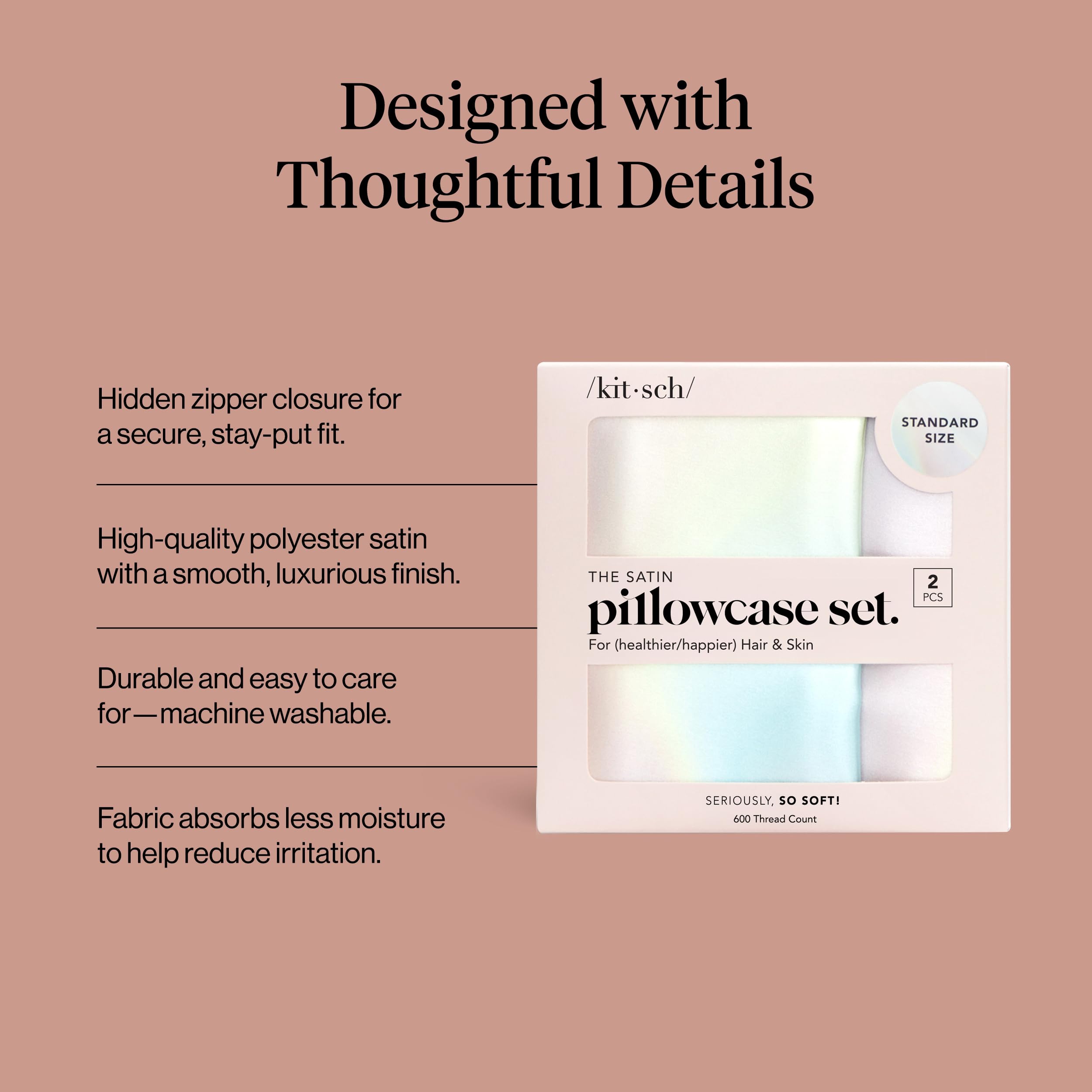 Kitsch Aura satin pillowcase stays cool and breathable for comfortable all-night wear.