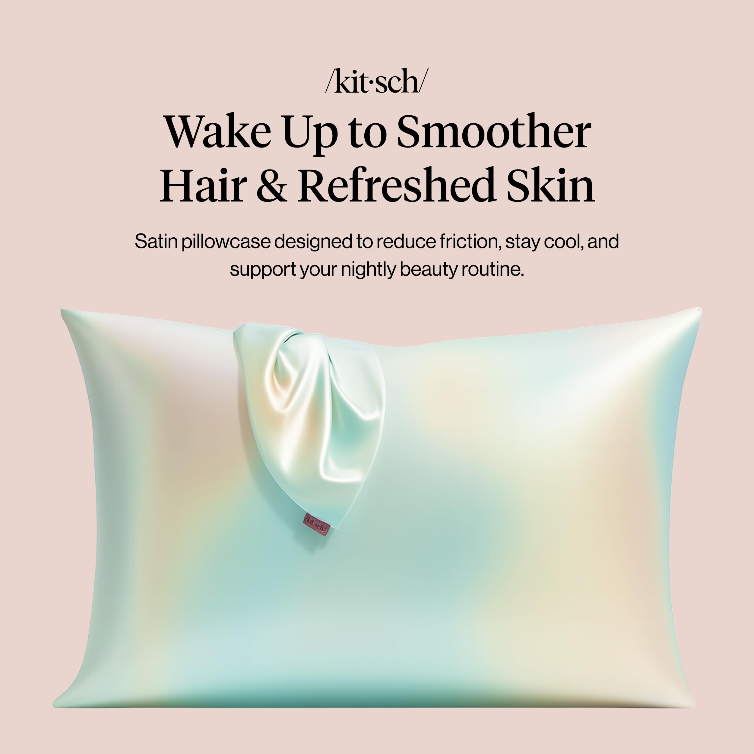 Kitsch Aura satin pillowcase reduces friction for smoother hair and skin during sleep.