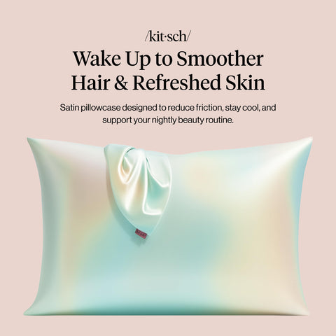 Kitsch Aura satin pillowcase reduces friction for smoother hair and skin during sleep.
