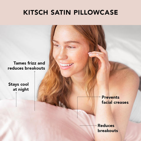 Kitsch satin pillowcase blush color enhances bedroom decor.