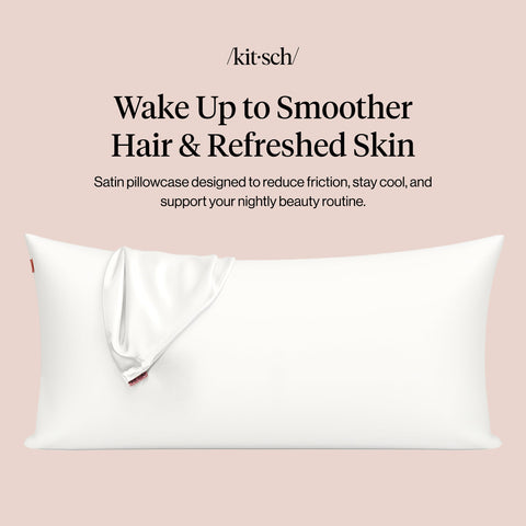 Kitsch satin pillowcase reduces friction for hair and skin.