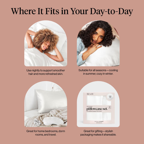 Zippered satin pillowcase prevents slipping during sleep.